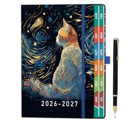 Academic Diary 2026-2027 Page a Day A5 from Aug 2026 to July 2027, Mid Year Daily Planner, Monthly View Includes Moon Phases, UK Holiday, Hardcover, Colorful Tabs, Notes, Pen Set, Pocket - Starry Cat