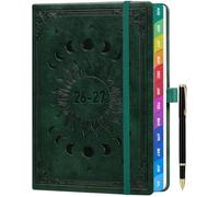 Academic Diary 2026-2027 Week to View A5, Aug 2026 - July 2027, Sun & Moon Cover, Colorful Tabs, Notes, Pen Set, Pocket, Hardcover, Size 5.9" × 8.5" - Dark Green
