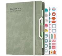 Academic Diary 2026 A5 Page a Day,Daily & Monthly Full Year Planner, 2026 Diary Day Per Page Jan-Dec, Hardcover Organizer with Pen,Colourful Monthly Tabs,Inner Pocket,3 Bookmarks,Stickers (Green)