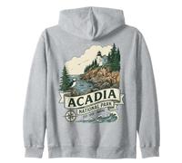Acadia National Park Maine Vintage Lighthouse Puffin Graphic Zip Hoodie