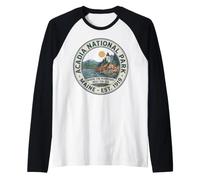 Acadia National Park Maine Vintage Mountain Lighthouse Badge Raglan Baseball Tee