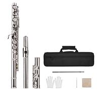 ACAGALA Western Concert Flute Nickel Plated 16 Holes C Key Cupronickel Woodwind Instrument with Cleaning Cloth Stick Gloves Mini Screwdriver Padded Bag
