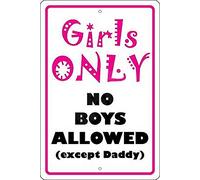 ACAKA Metal Sign - Girls Only No Boys Allowed Except Daddy - Tin - 8 x 12 Inch - Minimalist - White