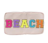 ACAMAL Chenille Letter Bag Nylon Cosmetic Bag with Varsity Patch Makeup Pouch Bag Bridesmaid Gift Toiletry Bag for Travel, Sandy-Beach