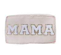 ACAMAL Chenille Letter Bag Nylon Cosmetic Bag with Varsity Patch Makeup Pouch Bag Bridesmaid Gift Toiletry Bag For Travel, White-MAMA