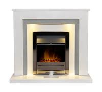 Acantha Dallas White & Grey Marble Fireplace With Downlights & Colorado Electric Fire In Black Nickel, 42 Inch