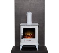 Acantha Fires & Fireplaces Acantha Tile & Hearth Set in Bronze Venetian Plaster Effect with Aviemore Stove & Angled Pipe in White Acantha Fires & Fireplaces White