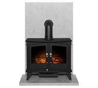 Acantha Fires & Fireplaces Acantha Tile & Hearth Set in Concrete Effect with Woodhouse Stove & Angled Pipe in Black Acantha Fires & Fireplaces Black