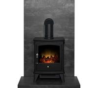 Acantha Fires & Fireplaces Acantha Tile & Hearth Set in Slate Venetian Plaster Effect with Aviemore Stove & Angled Pipe in Black Acantha Fires & Fireplaces Black