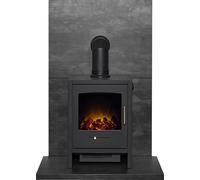 Acantha Fires & Fireplaces Acantha Tile & Hearth Set in Slate Venetian Plaster Effect with Bergen Stove & Angled Pipe in Grey Acantha Fires & Fireplaces Grey