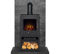 Acantha Fires & Fireplaces Acantha Tile & Hearth Set in Slate Venetian Plaster Effect with Bergen XL Stove & Angled Pipe in Grey Acantha Fires & Fireplaces Grey