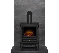 Acantha Fires & Fireplaces Acantha Tile & Hearth Set in Slate Venetian Plaster Effect with Hudson Stove & Angled Pipe in Black Acantha Fires & Fireplaces Black