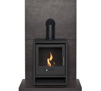 Acantha Fires & Fireplaces Tile & Hearth Set in Bronze Venetian Plaster Effect with OKO S1 Stove & Angled Pipe in Black Acantha Fires & Fireplaces Black