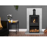 Acantha Fires & Fireplaces Tile & Hearth Set in Concrete Effect with OKO S1 Stove, Log Store & Angled Pipe in Black Acantha Fires & Fireplaces Black