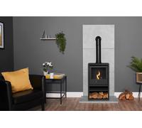 Acantha Fires & Fireplaces Tile & Hearth Set in Concrete Effect with OKO S1 Stove, Log Store & Tall Angled Pipe in Black Acantha Fires & Fireplaces Black