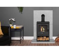 Acantha Fires & Fireplaces Tile & Hearth Set in Concrete Effect with OKO S2 Stove, Log Store & Angled Pipe in Black Acantha Fires & Fireplaces Black