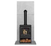 Acantha Fires & Fireplaces Tile & Hearth Set in Concrete Effect with OKO S2 Stove, Log Store & Tall Angled Pipe in Black Acantha Fires & Fireplaces Black