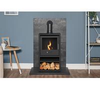 Acantha Fires & Fireplaces Tile & Hearth Set in Slate Venetian Plaster Effect with OKO S1 Stove, Log Store & Angled Pipe in Grey Acantha Fires & Fireplaces Grey