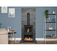 Acantha Fires & Fireplaces Tile & Hearth Set in Slate Venetian Plaster Effect with OKO S1 Stove, Log Store & Tall Angled Pipe in Grey Acantha Fires & Fireplaces Grey
