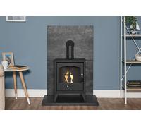 Acantha Fires & Fireplaces Tile & Hearth Set in Slate Venetian Plaster Effect with OKO S2 Stove & Angled Pipe in Grey Acantha Fires & Fireplaces Grey