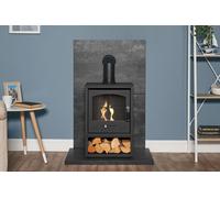 Acantha Fires & Fireplaces Tile & Hearth Set in Slate Venetian Plaster Effect with OKO S2 Stove, Log Store & Angled Pipe in Grey Acantha Fires & Fireplaces Grey