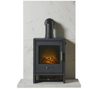 Acantha Fires & Fireplaces Tile Hearth Set in White Marble Effect with Bergen Stove & Angled Pipe Acantha Fires & Fireplaces White