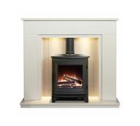 Acantha Larissa White & Grey Marble Stove Fireplace With Downlights & Halo Electric Stove In Black, 48 Inch