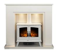 Acantha Larissa White & Grey Marble Stove Fireplace With Downlights & Woodhouse Electric Stove In White, 48 Inch