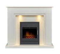 Acantha Maine White Marble Fireplace With Downlights & Alta Electric Inset Stove In Black, 48 Inch