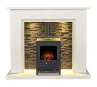 Acantha Miramar White Marble Stove Fireplace With Downlights & Bergen Electric Stove In Charcoal Grey, 54 Inch