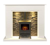 Acantha Miramar White Marble Stove Fireplace With Downlights & Hudson Electric Stove In Black, 54 Inch
