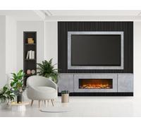 Acantha Orion Xo Electric Floating Media Wall Suite In Concrete Effect With Tv Board & Black Oak Wall Panels