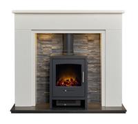 Acantha Rimini White Marble Fireplace With Downlights & Bergen Electric Stove In Charcoal Grey, 48 Inch