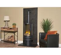 Acantha Tile & Hearth Set in Bronze Venetian Plaster Effect with Orbit Cylinder Stove & Tall Angled Pipe