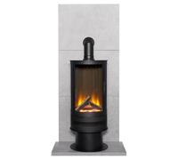 Acantha Tile & Hearth Set In Concrete Effect With Orbit Cylinder Stove & Tall Angled Pipe