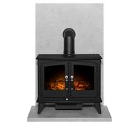 Acantha Tile & Hearth Set In Concrete Effect With Woodhouse Stove & Angled Pipe