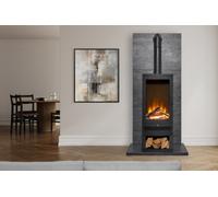 Acantha Tile & Hearth Set In Slate Effect With Horizon Stove & Log Storage & Tall Angle Stove Pipe