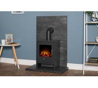 Acantha Tile & Hearth Set In Slate Venetian Plaster Effect With Bergen Stove & Angled Pipe