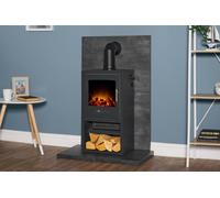 Acantha Tile & Hearth Set In Slate Venetian Plaster Effect With Bergen Xl Stove & Angled Pipe