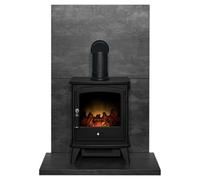 Acantha Tile & Hearth Set In Slate Venetian Plaster Effect With Black Aviemore Stove & Angled Pipe
