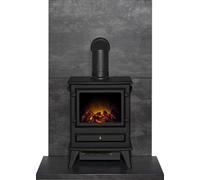 Acantha Tile & Hearth Set In Slate Venetian Plaster Effect With Hudson Stove & Angled Pipe