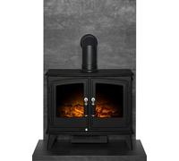 Acantha Tile & Hearth Set In Slate Venetian Plaster Effect With Woodhouse Stove & Angled Pipe