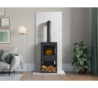Acantha Tile & Hearth Set In White Marble Effect With Bergen Xl Stove & Tall Angled Pipe
