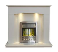 Acantha Tuscon White Marble Fireplace With Downlights & Helios Electric Fire In Brushed Steel, 48 Inch