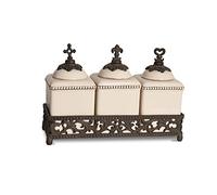 Acanthus Leaf Hope, Love, and Faith Ceramic Jars with Ornate Brown Metal Tray