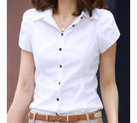 Accarugty Women's Short Sleeve Lapel Shirt Korean Style Slim fits OL Business Work Top Solid Color Blouse, For Spring Summer Autumn Office Daily Wear Regular Length(XXXL White)