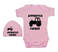 Acce Products Apprentice Farmer Baby Bodysuit, Romper & Beanie Hat - 6-12 Months - Pink