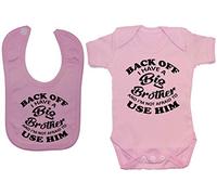 Acce Products Back Off I Have a Big Brother & I'm Not Afraid to Use Him Baby Bodysuit/Romper & Feeding Bib - 6-12 Months - Pink