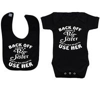 Acce Products Back Off I Have a Big Sister & I'm Not Afraid to Use Her Baby Bodysuit/Romper & Feeding Bib - 0-3 Months - Black
