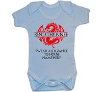 Acce Products Bend The Knee Swear Allegiance to House Personalised Name GOT Baby, Bodysuit, Romper, Babygrow, T-Shirt - 0-3 Months - Blue